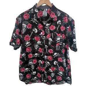 W.E.I Skull Rose Button Up Shirt Mens XL Black Gothic Punk Short Sleeve